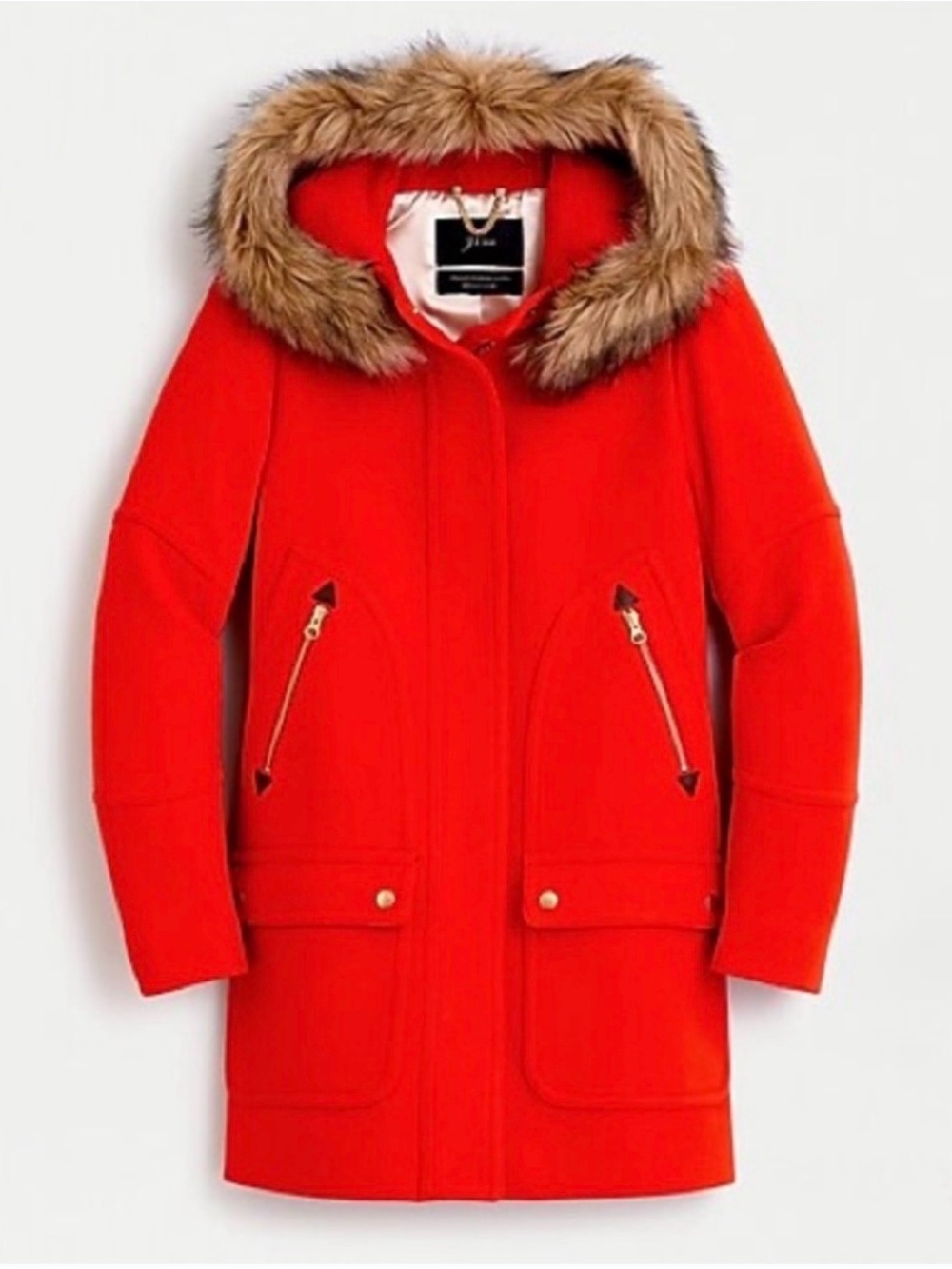 J. Crew Red Wool-Blend Parka with Faux Fur-Trim Hood - Picture 1 of 6